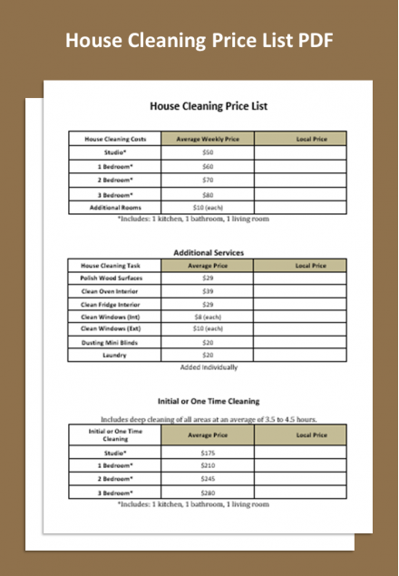 Ready To Editable House Cleaning Price List PDF Template