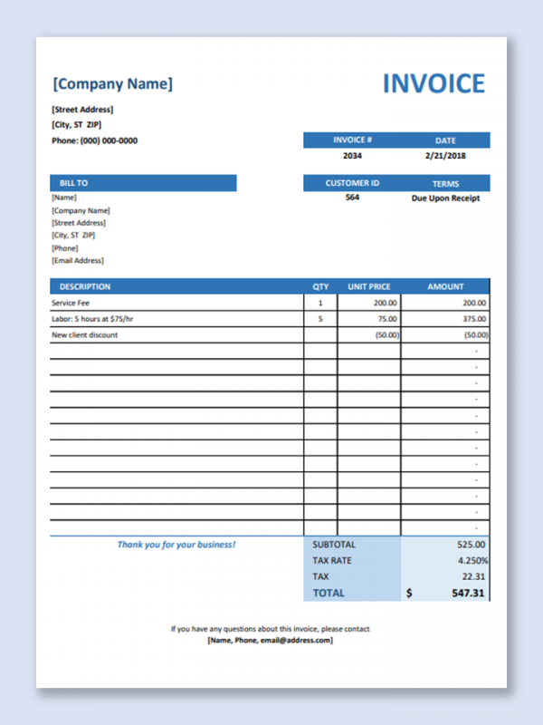 Service Invoice Excel Format Template